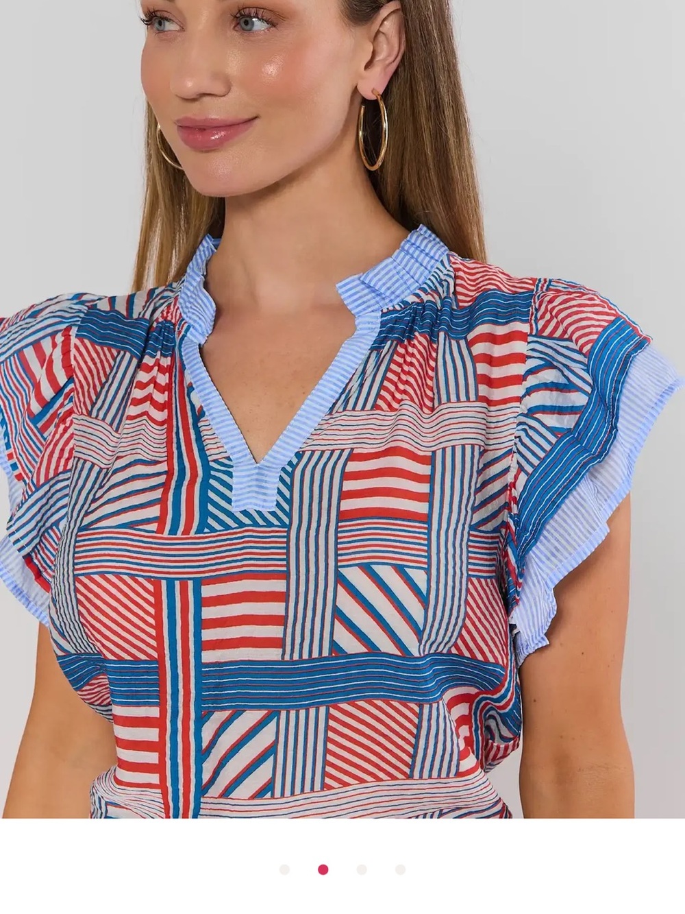 NWOT Avara Lisa Patchwork Striped V-Neck Flutter Sleeve Blouse - Blue & Red - Picture 1 of 6